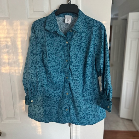 Jaclyn Smith Women's XL Teal Blue Button Down Shirt Blouse 3/4 Roll-Tab Sleeve - Picture 2 of 10